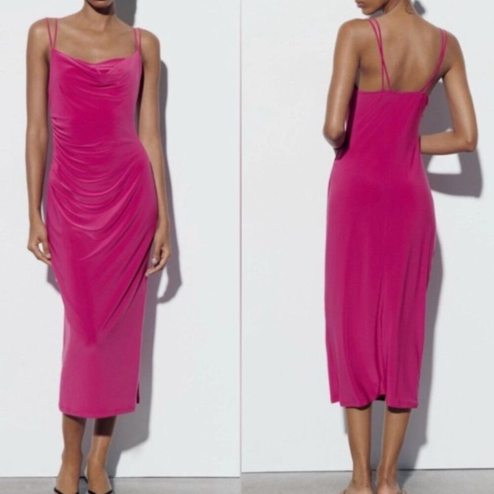 ZARA Fuchsia Draped Midi Dress Size S
